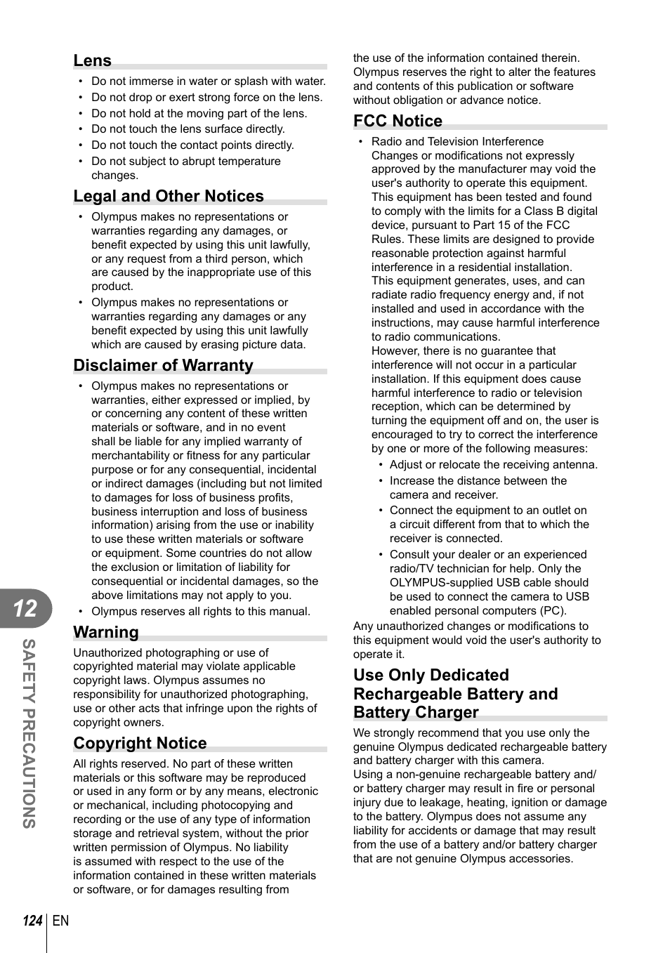 Safety precautions, Lens, Legal and other notices | Disclaimer of warranty, Warning, Copyright notice, Fcc notice | Olympus E-PM2 User Manual | Page 124 / 133