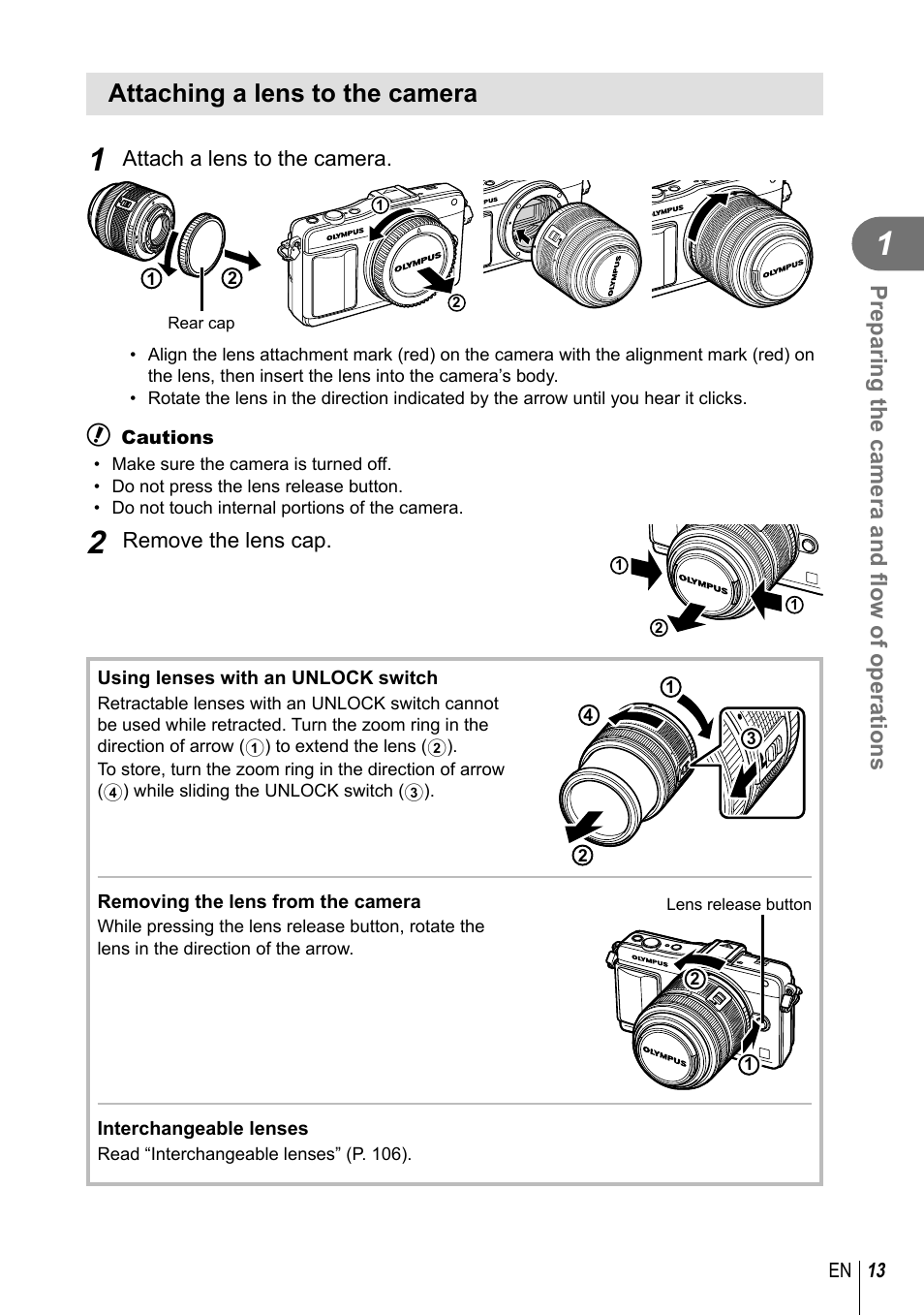 Attaching a lens to the camera | Olympus E-PM2 User Manual | Page 13 / 133