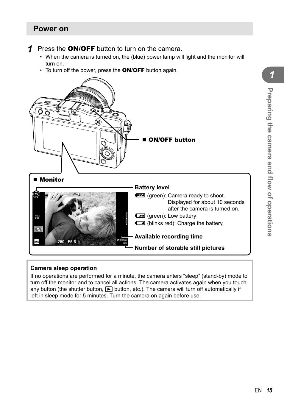 Power on, Preparing the camera and fl ow of operations, Press the on/off button to turn on the camera | Olympus E-PM2 User Manual | Page 15 / 133