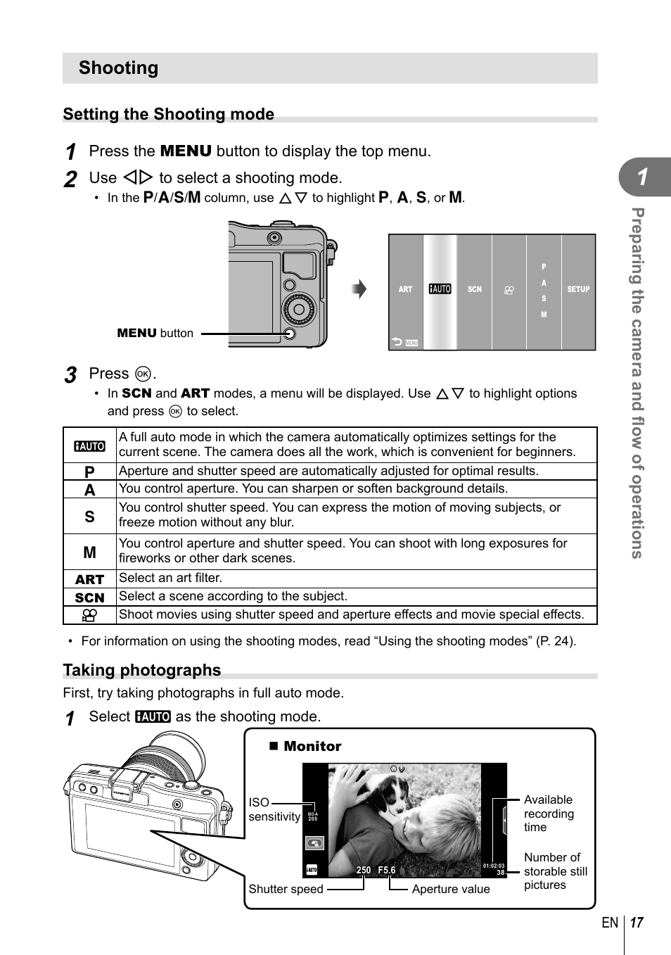 Shooting, Preparing the camera and fl ow of operations, Setting the shooting mode | Taking photographs, Press the menu button to display the top menu, Use hi to select a shooting mode, Press q | Olympus E-PM2 User Manual | Page 17 / 133