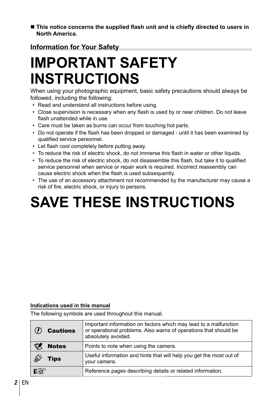 Important safety instructions, Save these instructions | Olympus E-PM2 User Manual | Page 2 / 133
