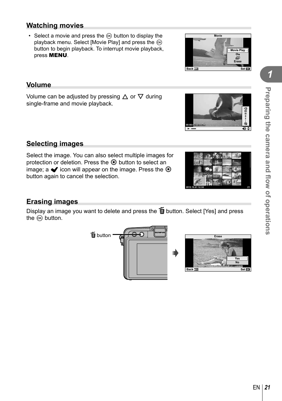 Preparing the camera and fl ow of operations, Watching movies, Volume | Selecting images, Erasing images, 21 en | Olympus E-PM2 User Manual | Page 21 / 133