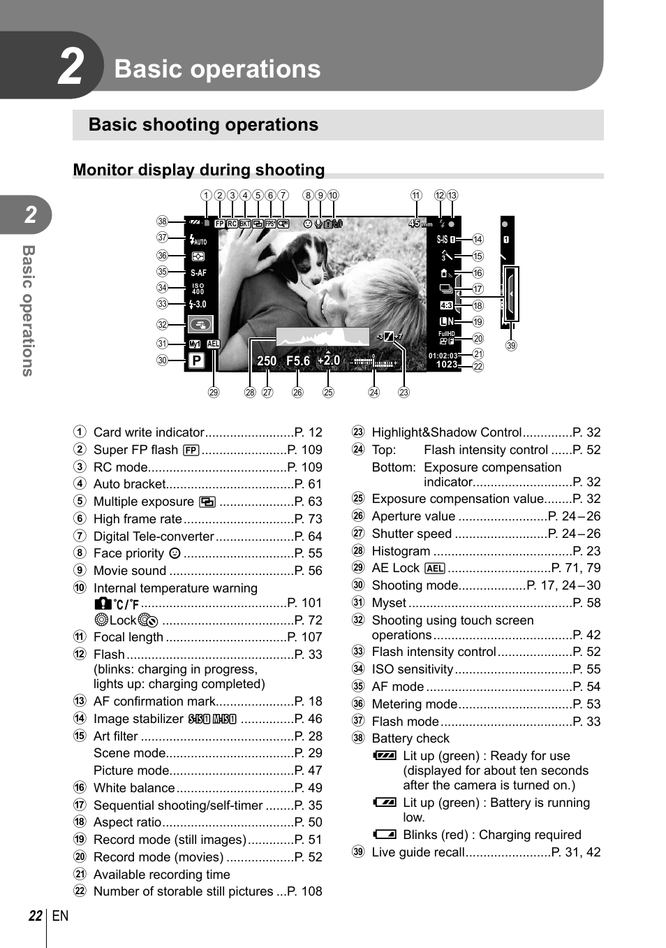 Basic operations, Basic shooting operations, Monitor display during shooting | 22 en | Olympus E-PM2 User Manual | Page 22 / 133