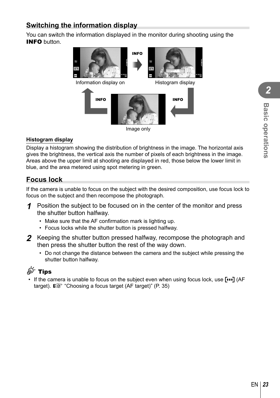 Basic operations, Switching the information display, Focus lock | 23 en, Tips | Olympus E-PM2 User Manual | Page 23 / 133