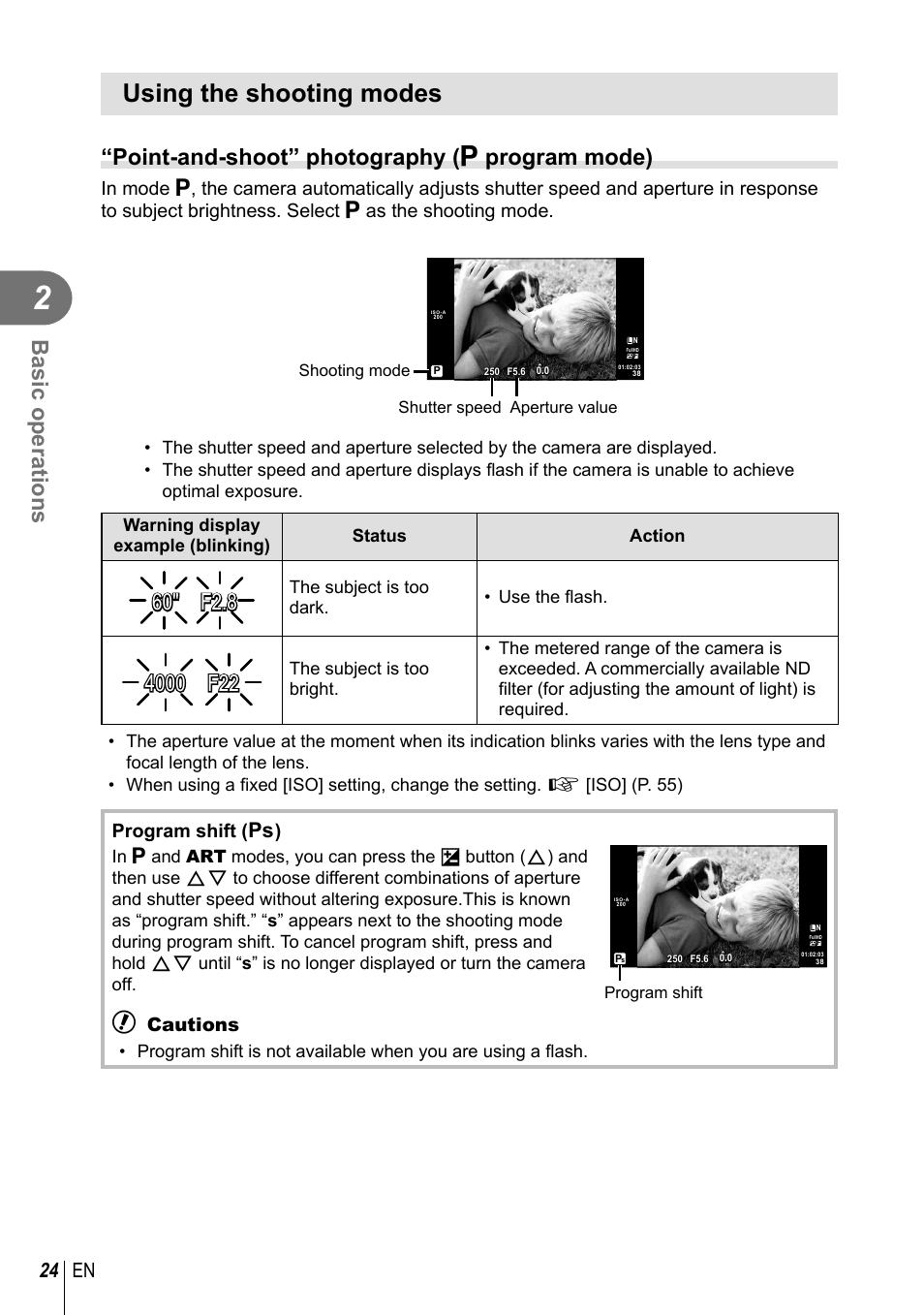 Using the shooting modes, Basic operations, Point-and-shoot” photography ( p program mode) | 24 en, Program shift ( % ), Cautions | Olympus E-PM2 User Manual | Page 24 / 133