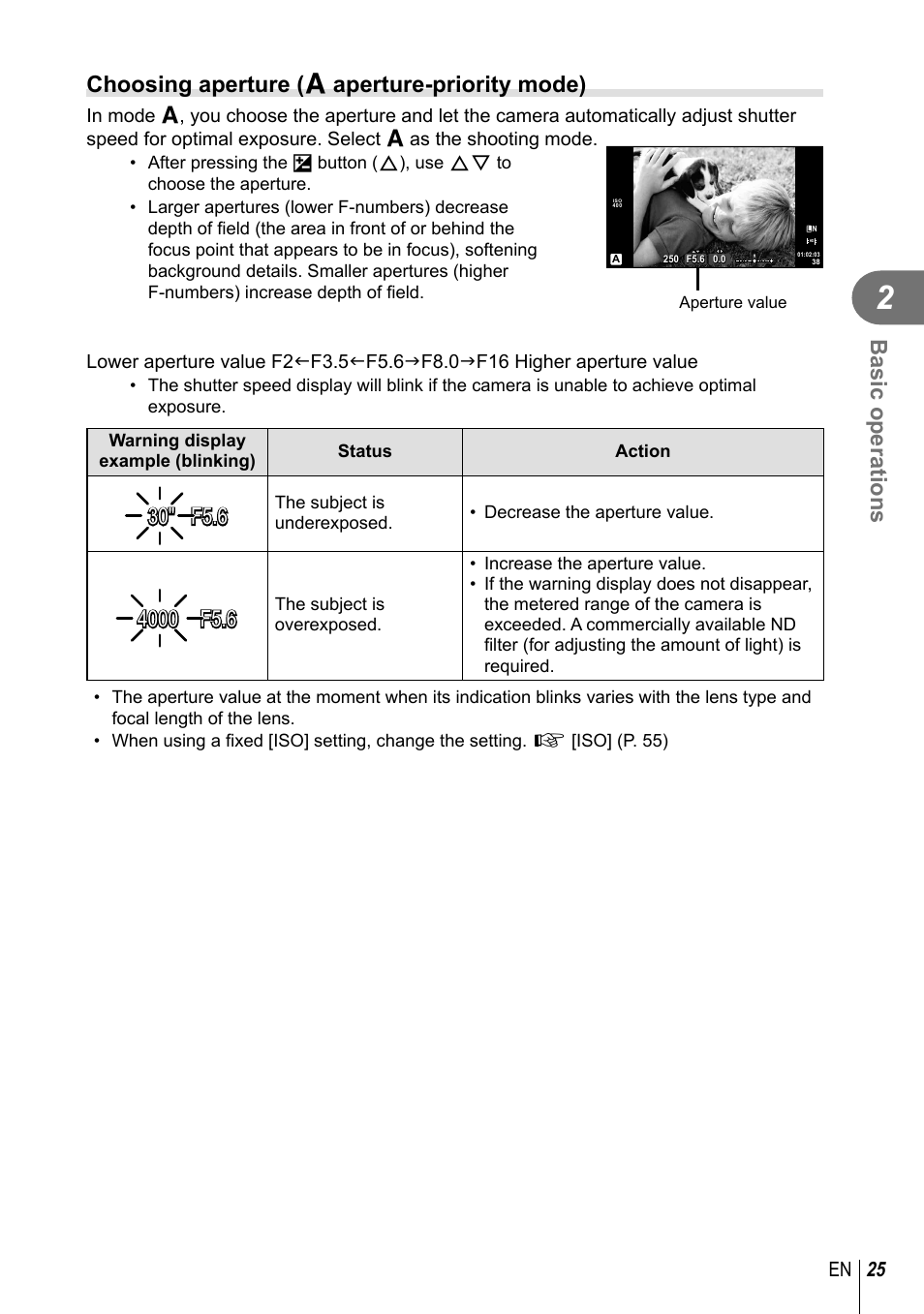 Basic operations, Choosing aperture ( a aperture-priority mode), 25 en | Olympus E-PM2 User Manual | Page 25 / 133