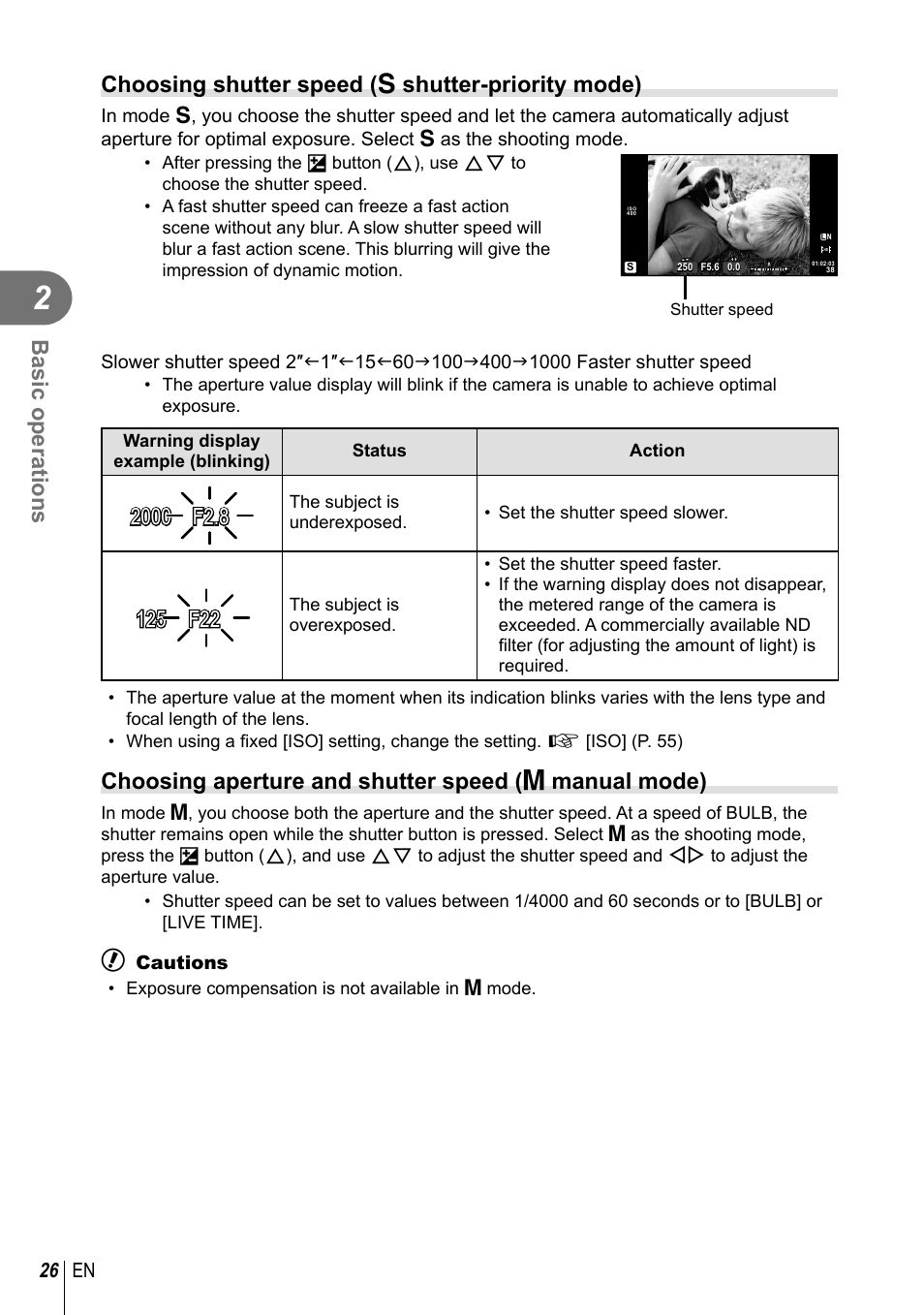 Basic operations, Choosing shutter speed ( s shutter-priority mode), 26 en | Olympus E-PM2 User Manual | Page 26 / 133