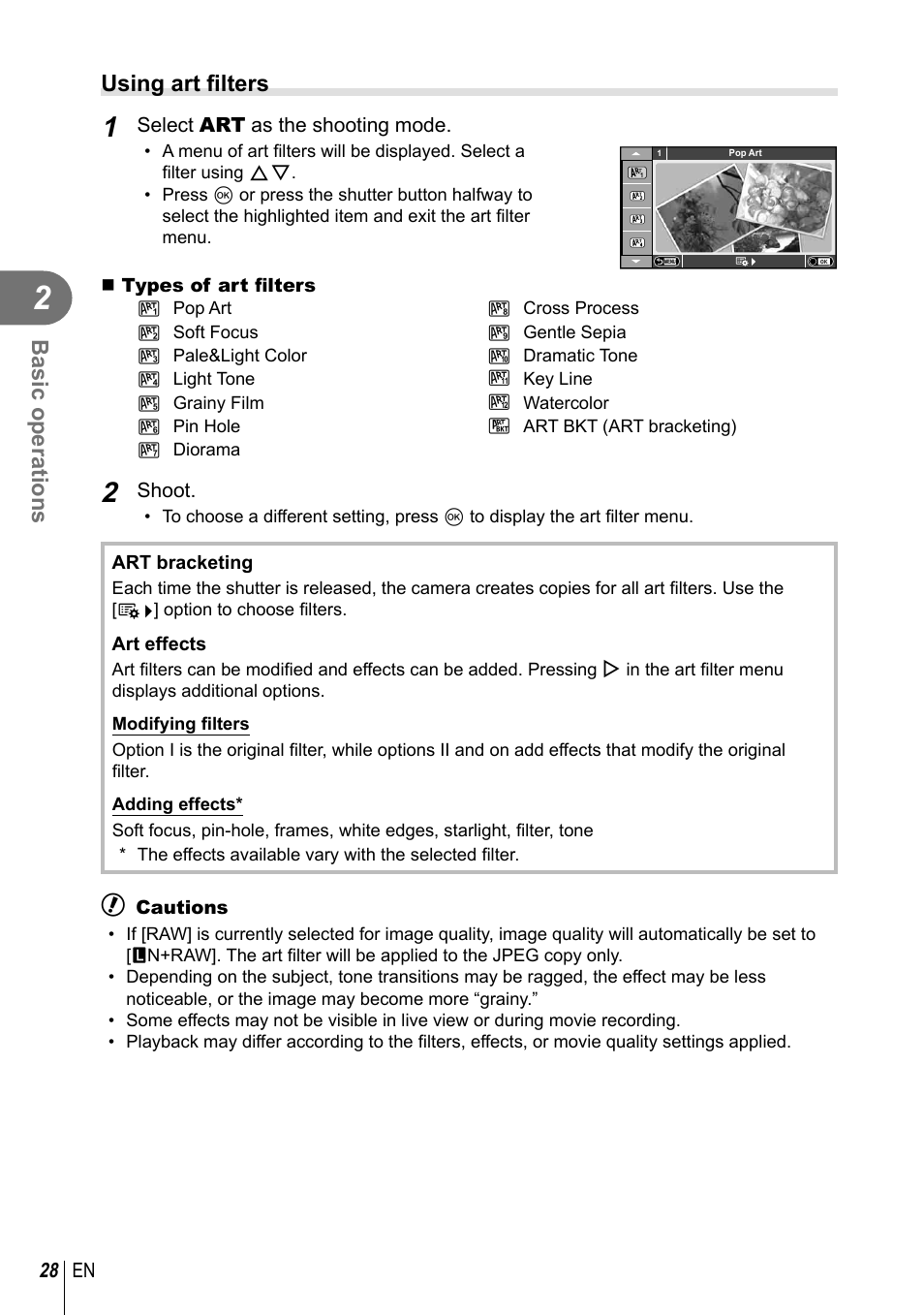 Basic operations, Using art fi lters | Olympus E-PM2 User Manual | Page 28 / 133