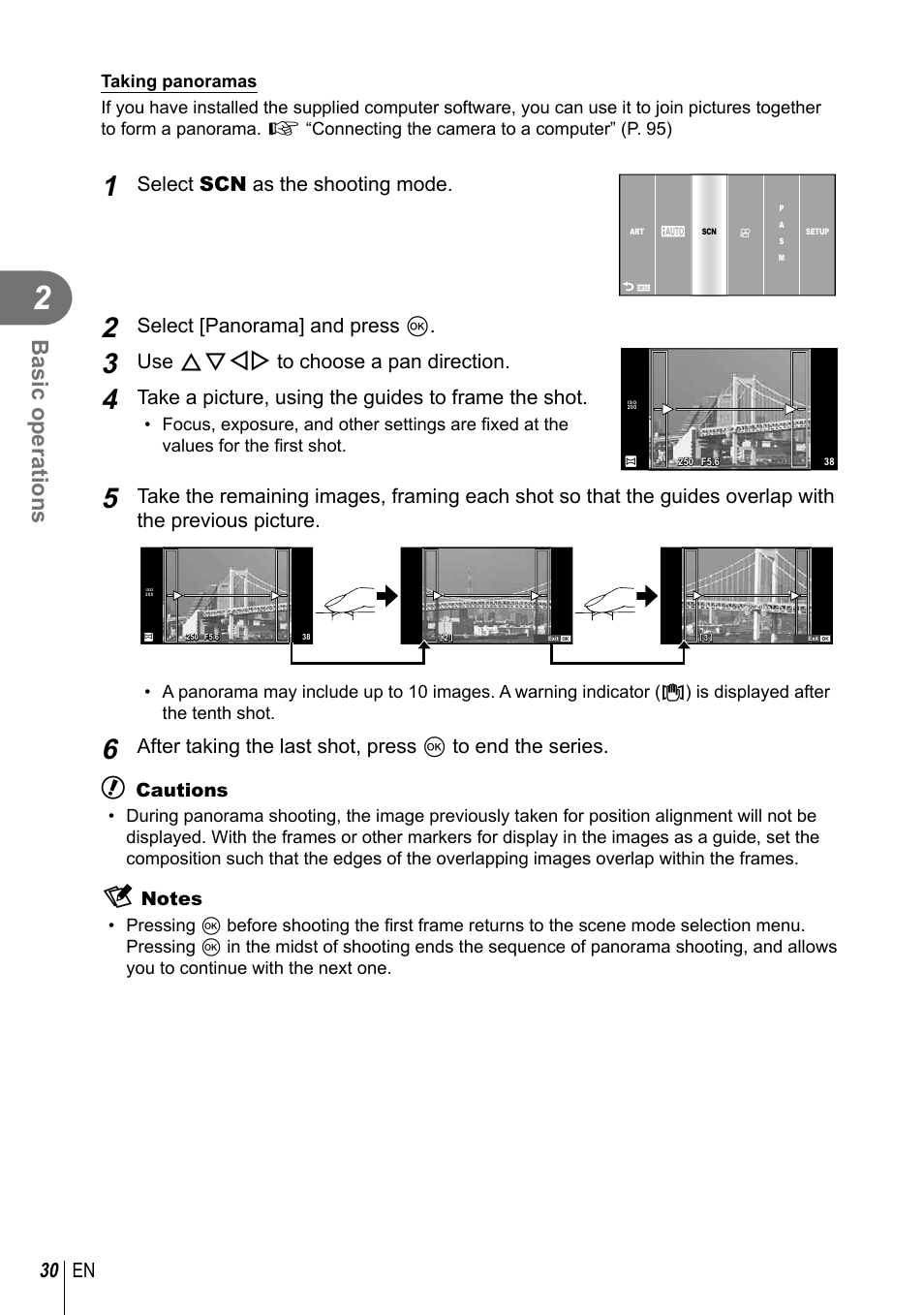 Basic operations, 30 en, Select scn as the shooting mode | Select [panorama] and press q, Use fghi to choose a pan direction, Take a picture, using the guides to frame the shot | Olympus E-PM2 User Manual | Page 30 / 133