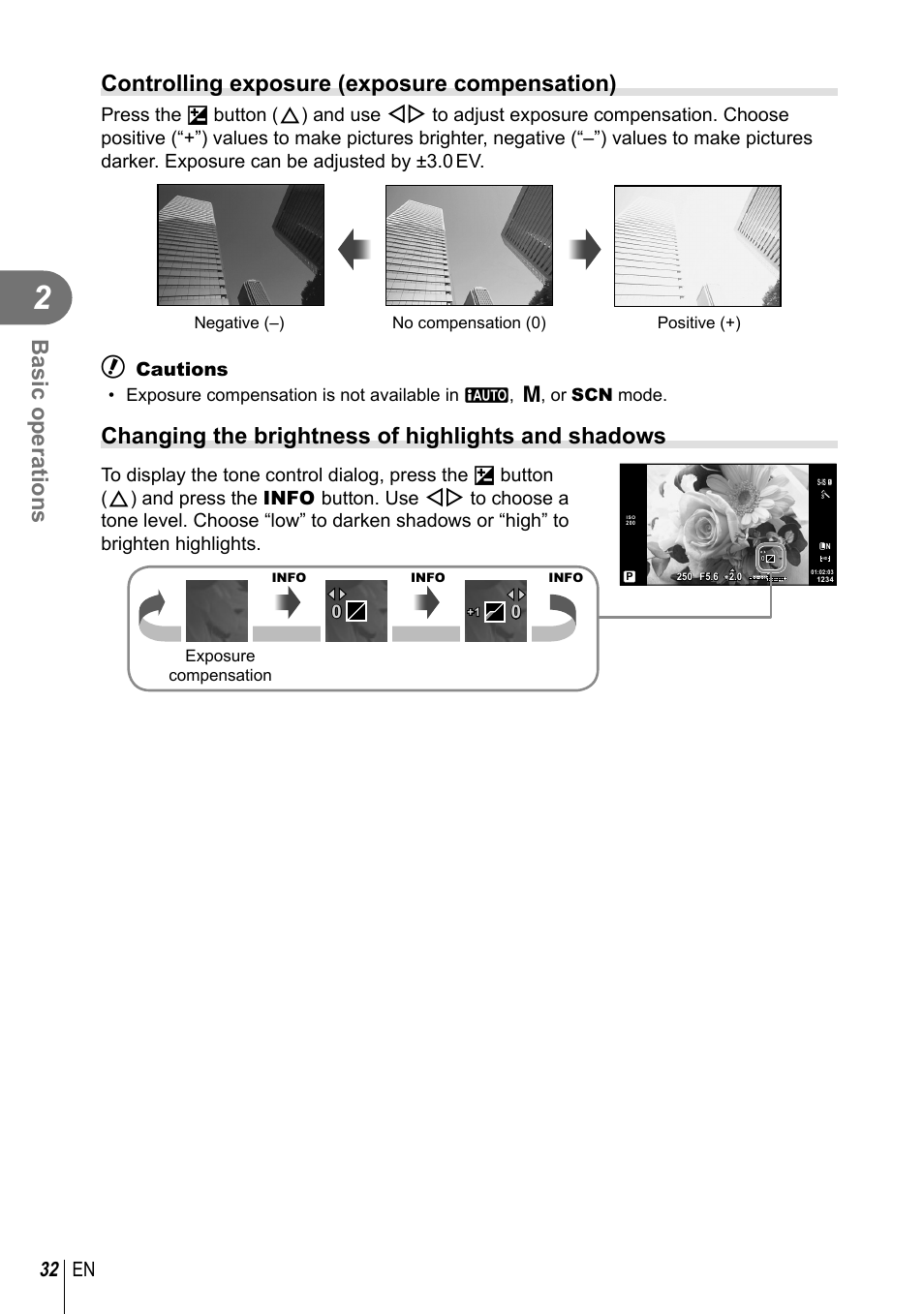 Basic operations, Controlling exposure (exposure compensation), Changing the brightness of highlights and shadows | 32 en, Cautions | Olympus E-PM2 User Manual | Page 32 / 133