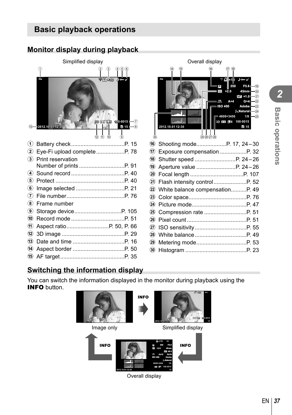 Basic playback operations, Basic operations, Monitor display during playback | Switching the information display, 37 en, Simplifi ed display overall display, Overall display simplifi ed display image only | Olympus E-PM2 User Manual | Page 37 / 133