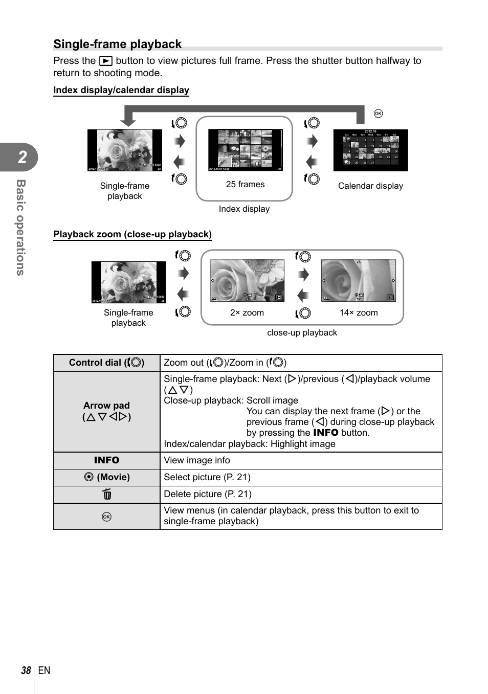 Basic operations, Single-frame playback, 38 en | Lm l m, Lm m, Index display/calendar display, Playback zoom (close-up playback), 25 frames index display q, Single-frame playback calendar display | Olympus E-PM2 User Manual | Page 38 / 133