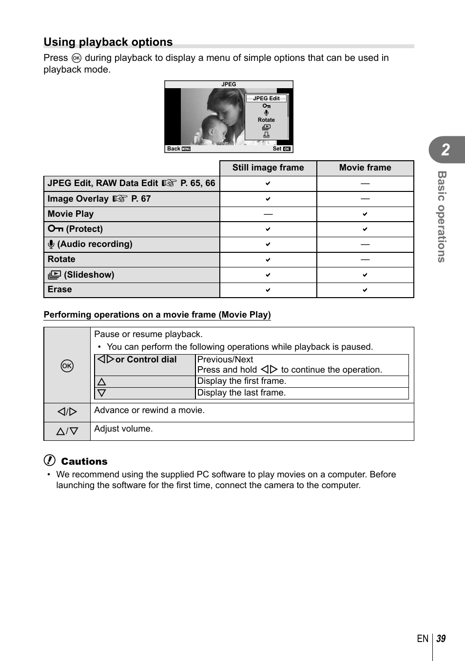 Basic operations, Using playback options | Olympus E-PM2 User Manual | Page 39 / 133