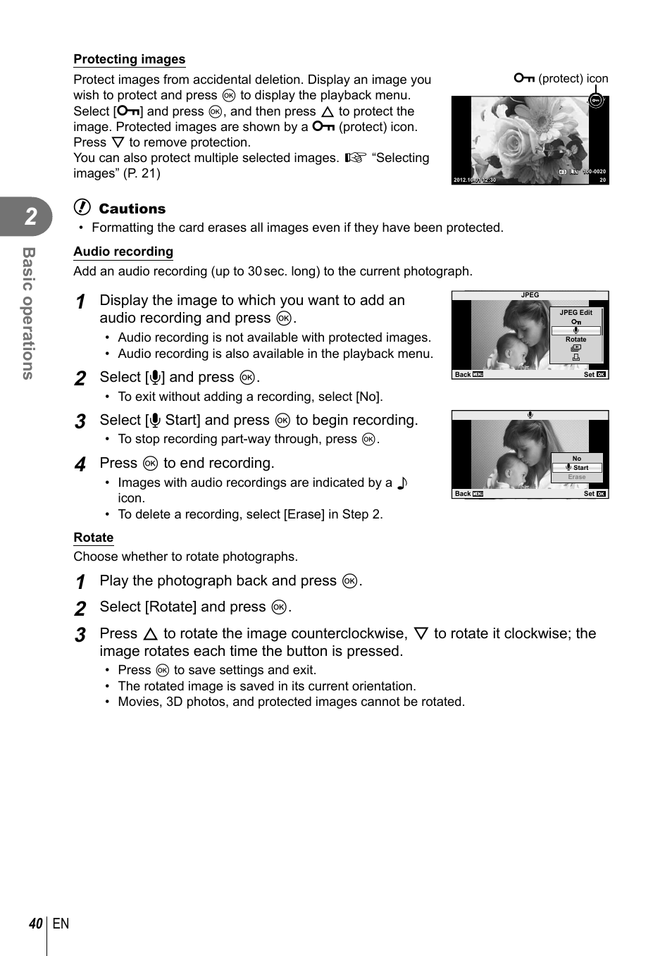 Basic operations, 40 en, Select [r] and press q | Select [r start] and press q to begin recording, Press q to end recording, Play the photograph back and press q, Select [rotate] and press q | Olympus E-PM2 User Manual | Page 40 / 133