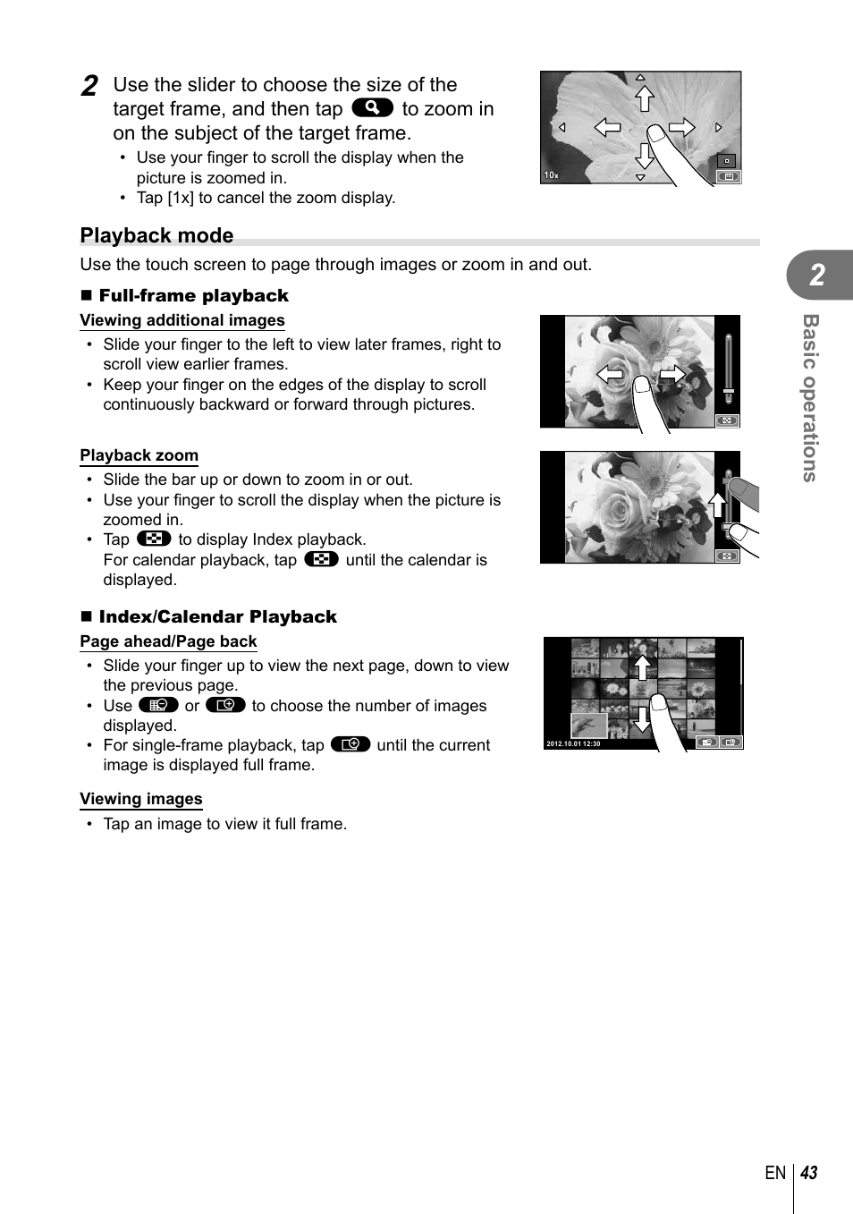 Basic operations, Playback mode | Olympus E-PM2 User Manual | Page 43 / 133