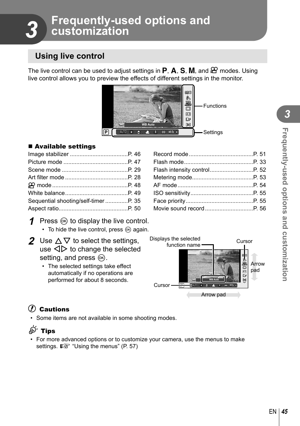 Frequently-used options and customization, Using live control, Press q to display the live control | 45 en, Available settings, Cautions, Tips | Olympus E-PM2 User Manual | Page 45 / 133