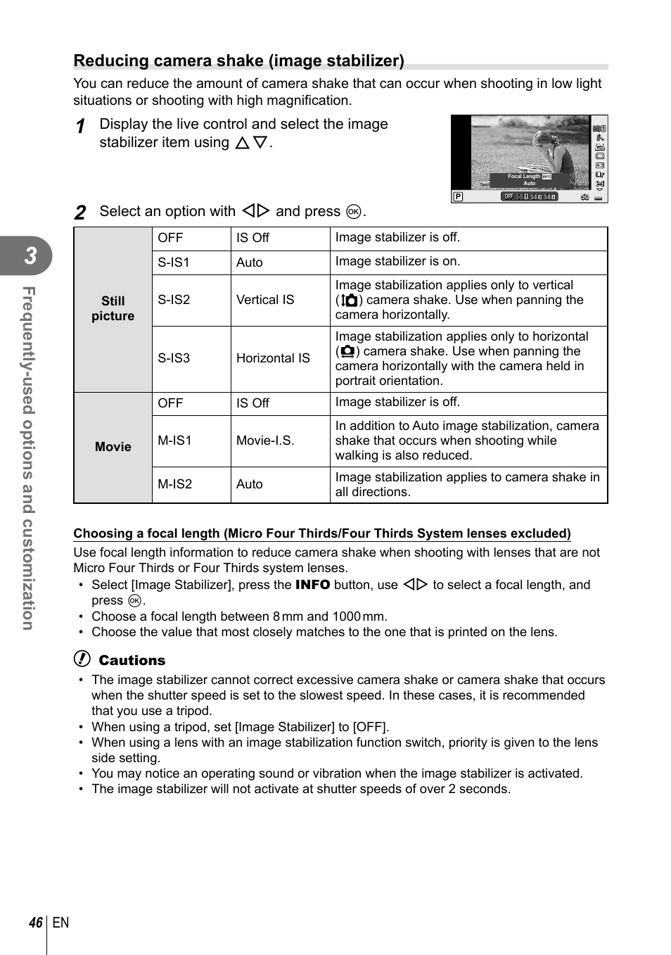 Frequently-used options and customization, Reducing camera shake (image stabilizer), 46 en | Select an option with hi and press q, Cautions | Olympus E-PM2 User Manual | Page 46 / 133