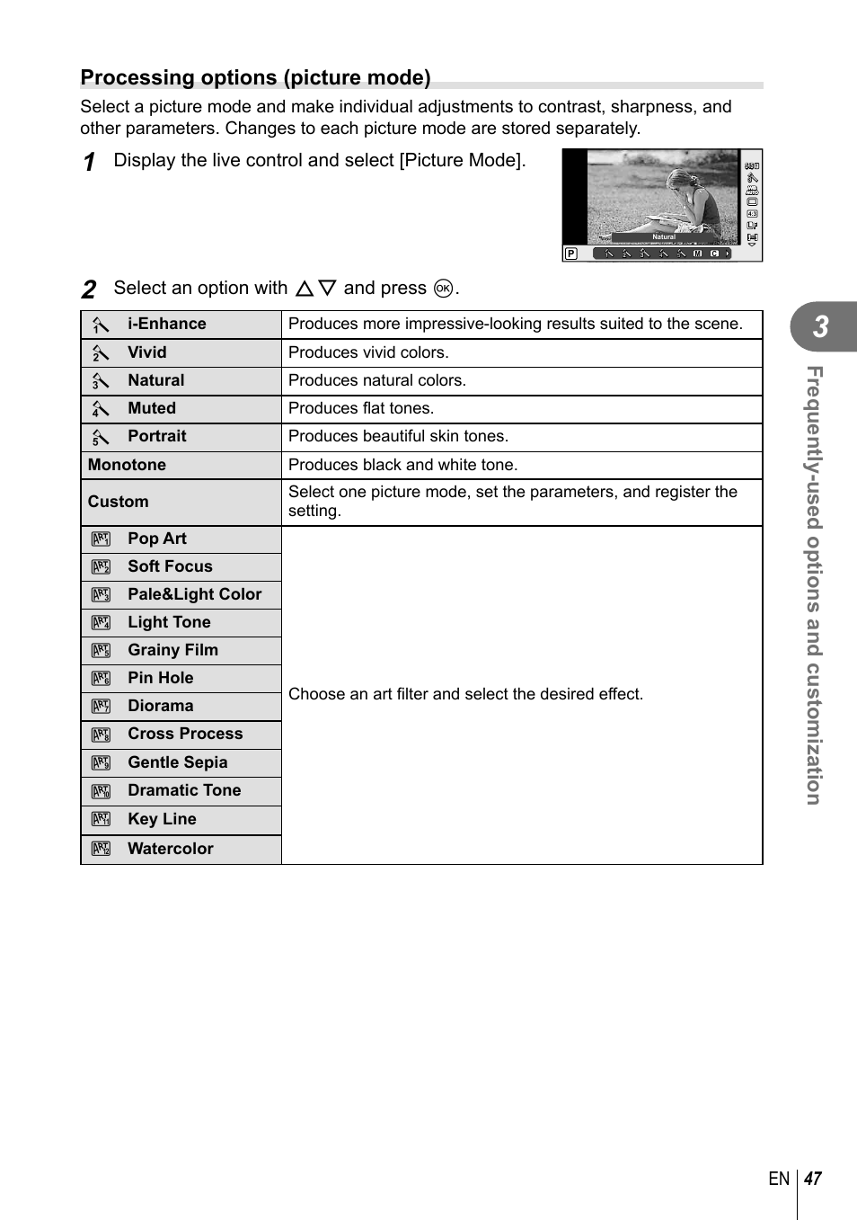 Frequently-used options and customization, Processing options (picture mode), 47 en | Display the live control and select [picture mode, Select an option with fg and press q | Olympus E-PM2 User Manual | Page 47 / 133