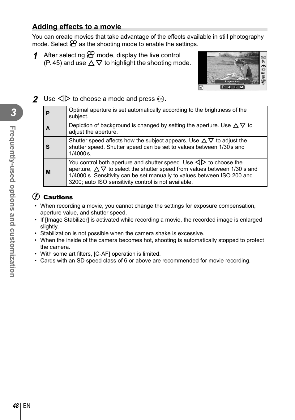 Frequently-used options and customization, Adding effects to a movie, 48 en | Use hi to choose a mode and press q, Cautions | Olympus E-PM2 User Manual | Page 48 / 133