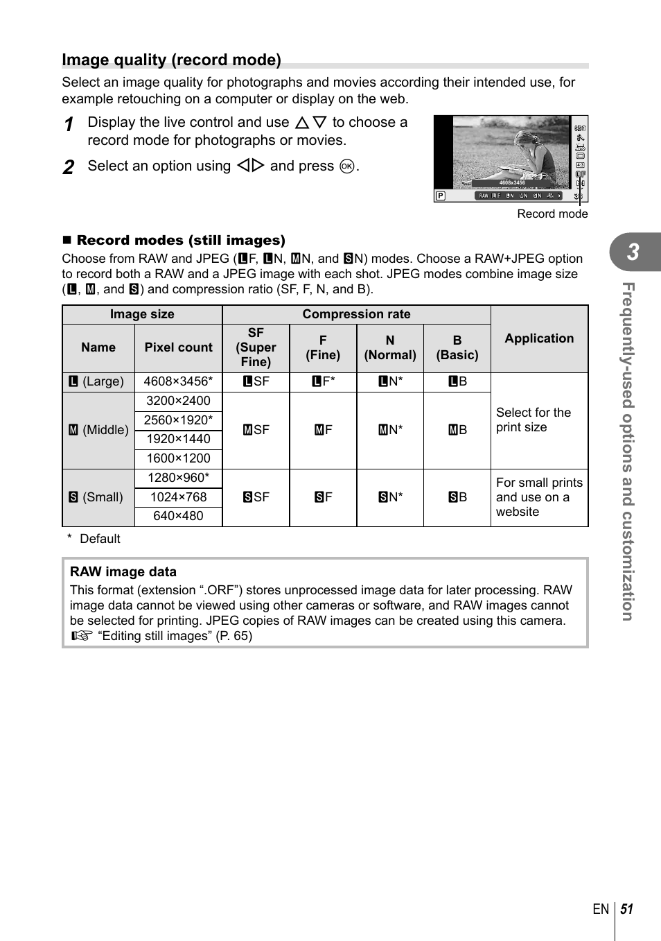 Frequently-used options and customization, Image quality (record mode), 51 en | Select an option using hi and press q, Record modes (still images), Raw image data | Olympus E-PM2 User Manual | Page 51 / 133