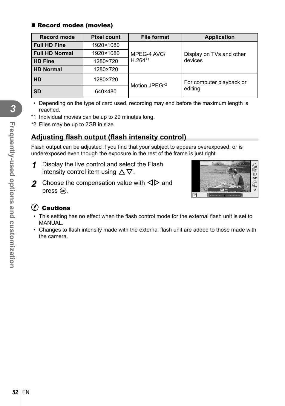 Frequently-used options and customization, Adjusting fl ash output (fl ash intensity control), 52 en | Choose the compensation value with hi and press q | Olympus E-PM2 User Manual | Page 52 / 133