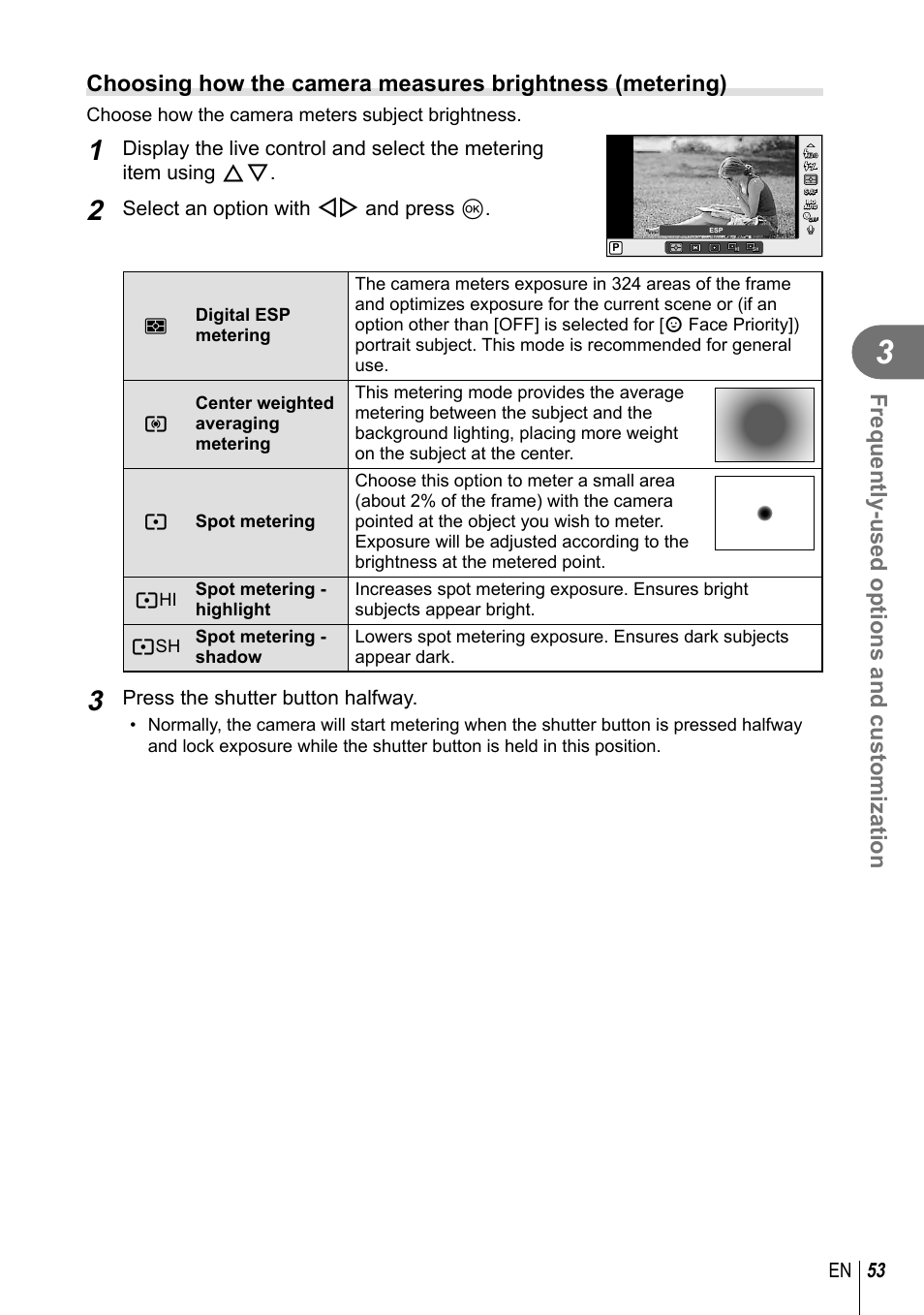 Frequently-used options and customization, 53 en, Select an option with hi and press q | Press the shutter button halfway, Choose how the camera meters subject brightness | Olympus E-PM2 User Manual | Page 53 / 133