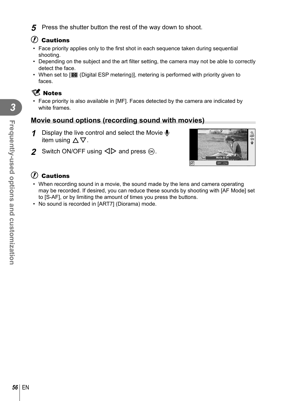 Frequently-used options and customization, Movie sound options (recording sound with movies), 56 en | Switch on/off using hi and press q, Cautions | Olympus E-PM2 User Manual | Page 56 / 133