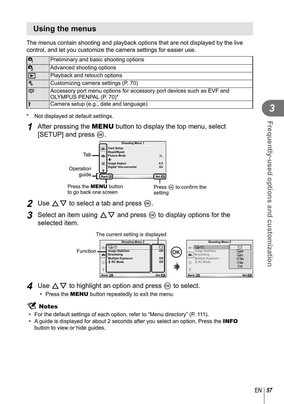 Using the menus, Frequently-used options and customization, Use fg to select a tab and press q | 57 en | Olympus E-PM2 User Manual | Page 57 / 133