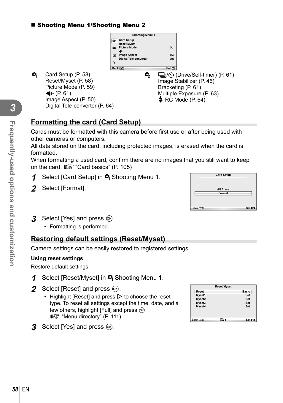 Frequently-used options and customization, Formatting the card (card setup), Restoring default settings (reset/myset) | 58 en, Select [card setup] in w shooting menu 1, Select [format, Select [yes] and press q, Select [reset/myset] in w shooting menu 1, Select [reset] and press q | Olympus E-PM2 User Manual | Page 58 / 133