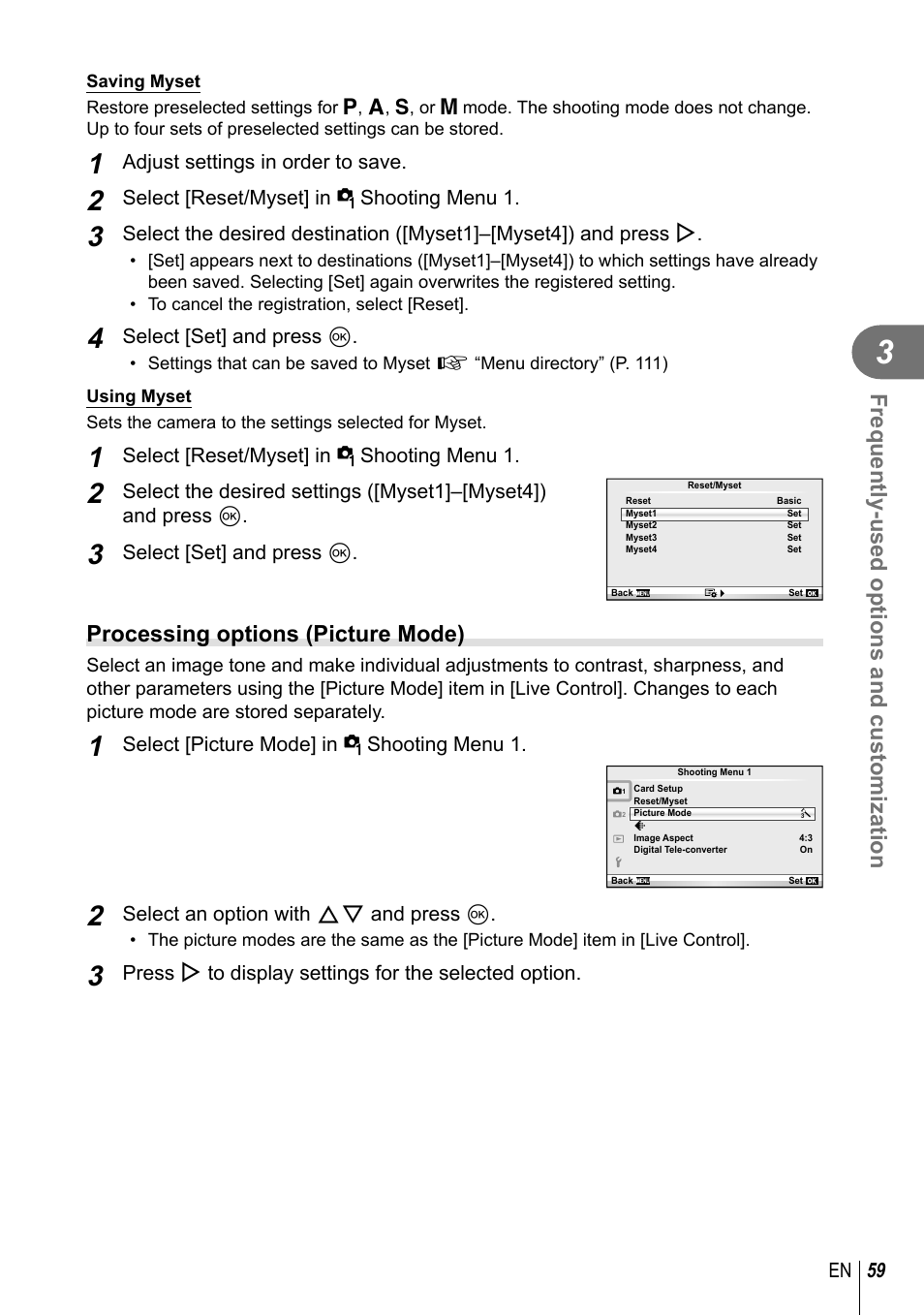 Frequently-used options and customization, Processing options (picture mode) | Olympus E-PM2 User Manual | Page 59 / 133