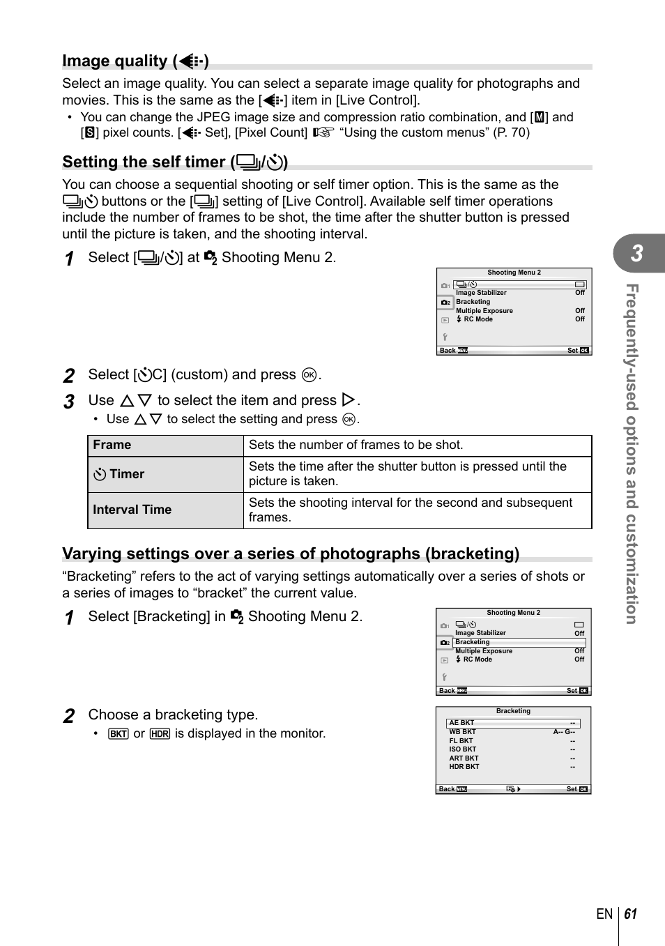 Frequently-used options and customization, Image quality ( k ), Setting the self timer ( j / y ) | 61 en, Select [j/ y] at x shooting menu 2, Select [ yc] (custom) and press q, Use fg to select the item and press i, Select [bracketing] in x shooting menu 2, Choose a bracketing type | Olympus E-PM2 User Manual | Page 61 / 133