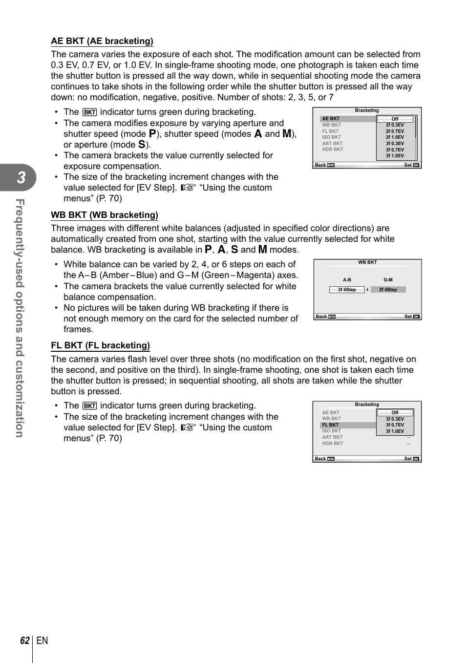 Frequently-used options and customization, 62 en | Olympus E-PM2 User Manual | Page 62 / 133