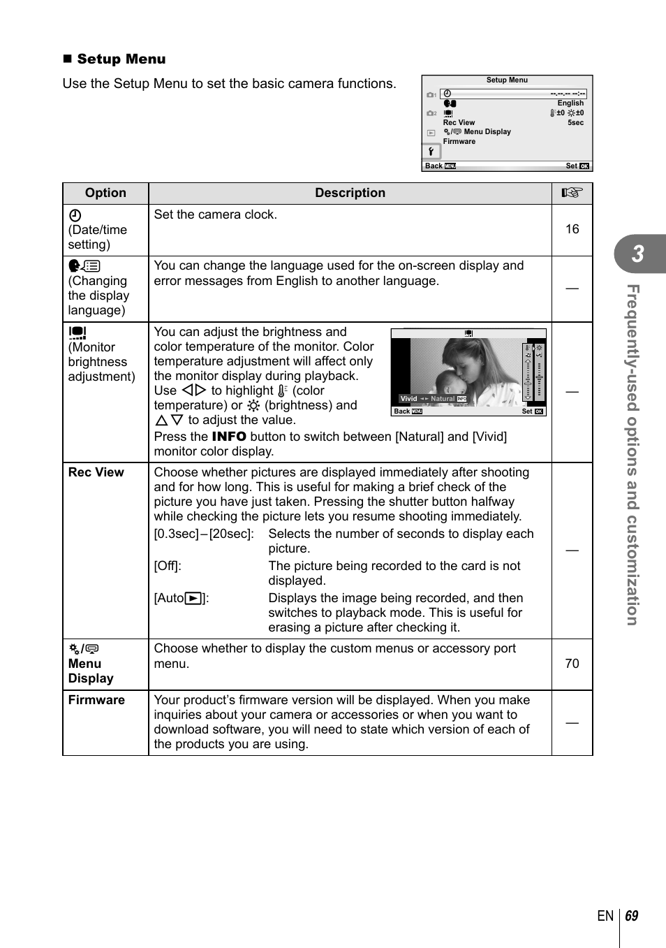 Frequently-used options and customization, 69 en | Olympus E-PM2 User Manual | Page 69 / 133