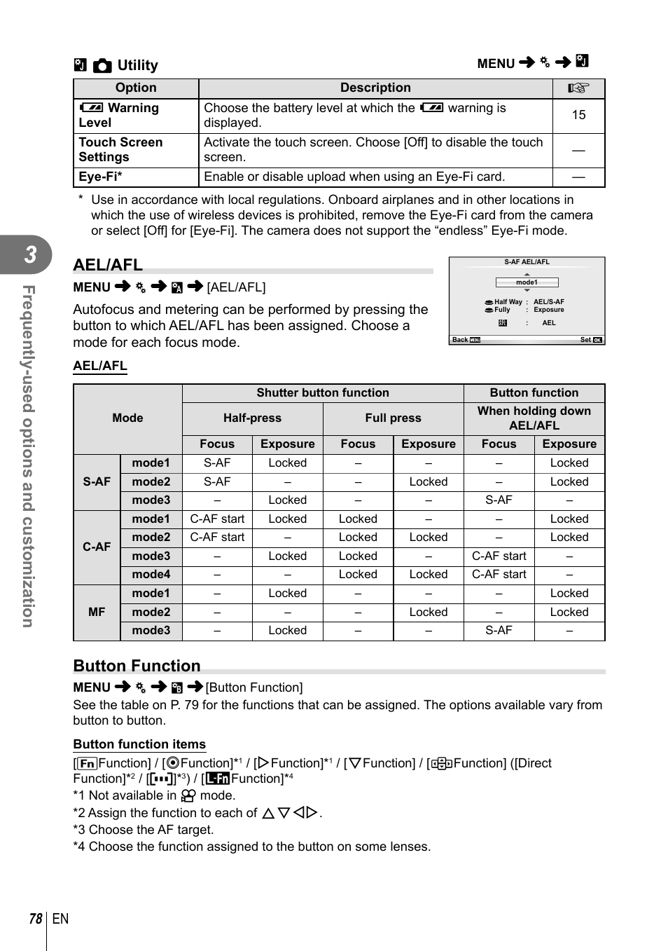 Frequently-used options and customization, Ael/afl, Button function | 78 en, B k utility | Olympus E-PM2 User Manual | Page 78 / 133