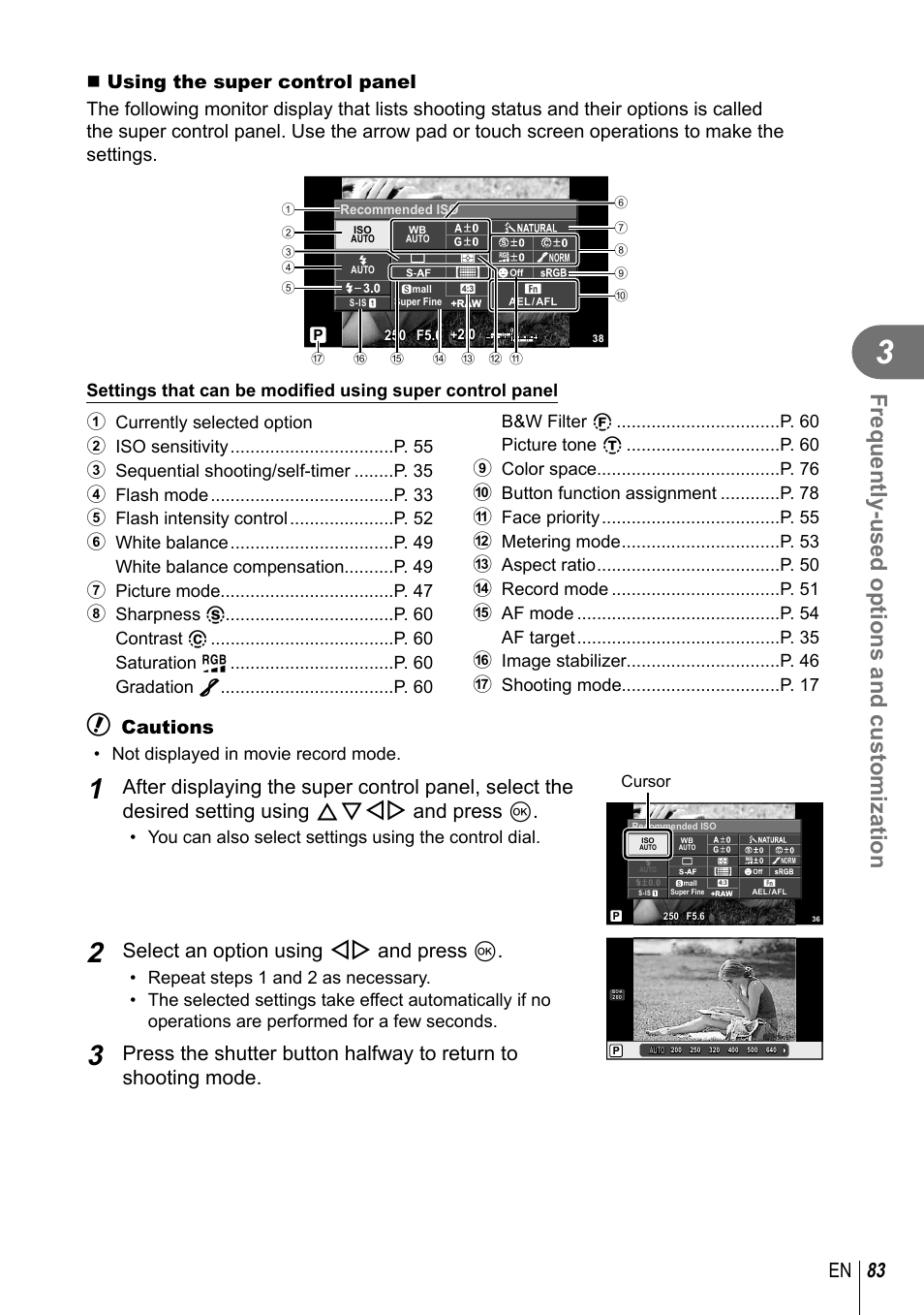 Frequently-used options and customization, 83 en, Select an option using hi and press q | Cautions, Not displayed in movie record mode | Olympus E-PM2 User Manual | Page 83 / 133