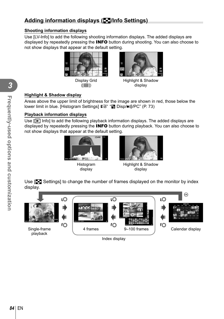 Frequently-used options and customization, Adding information displays ( g /info settings), 84 en | Highlight & shadow display display grid ([w]), Highlight & shadow display, Histogram display | Olympus E-PM2 User Manual | Page 84 / 133