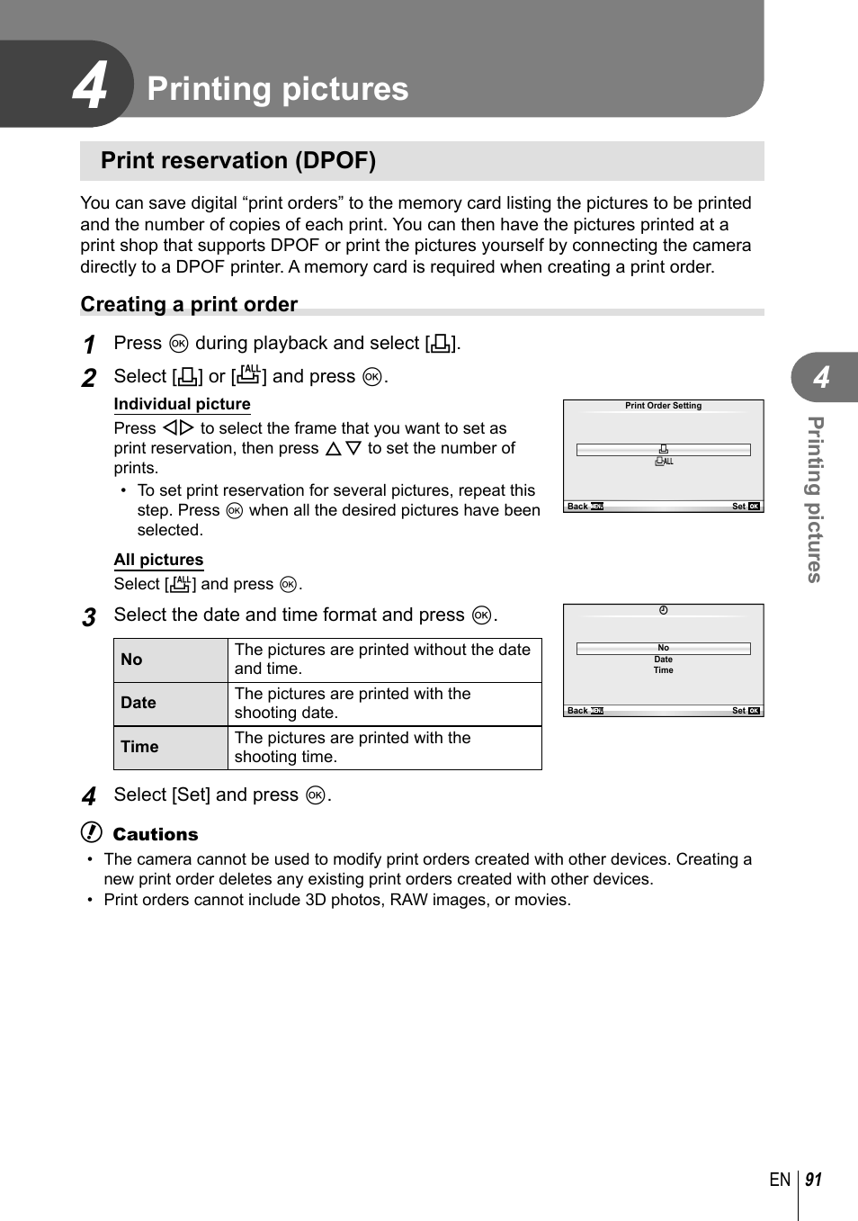 Printing pictures, Print reservation (dpof) | Olympus E-PM2 User Manual | Page 91 / 133