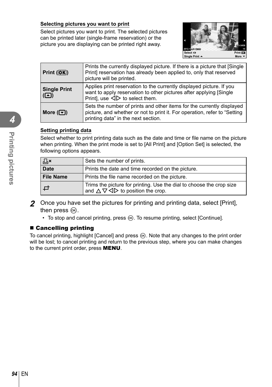 Printing pictures | Olympus E-PM2 User Manual | Page 94 / 133