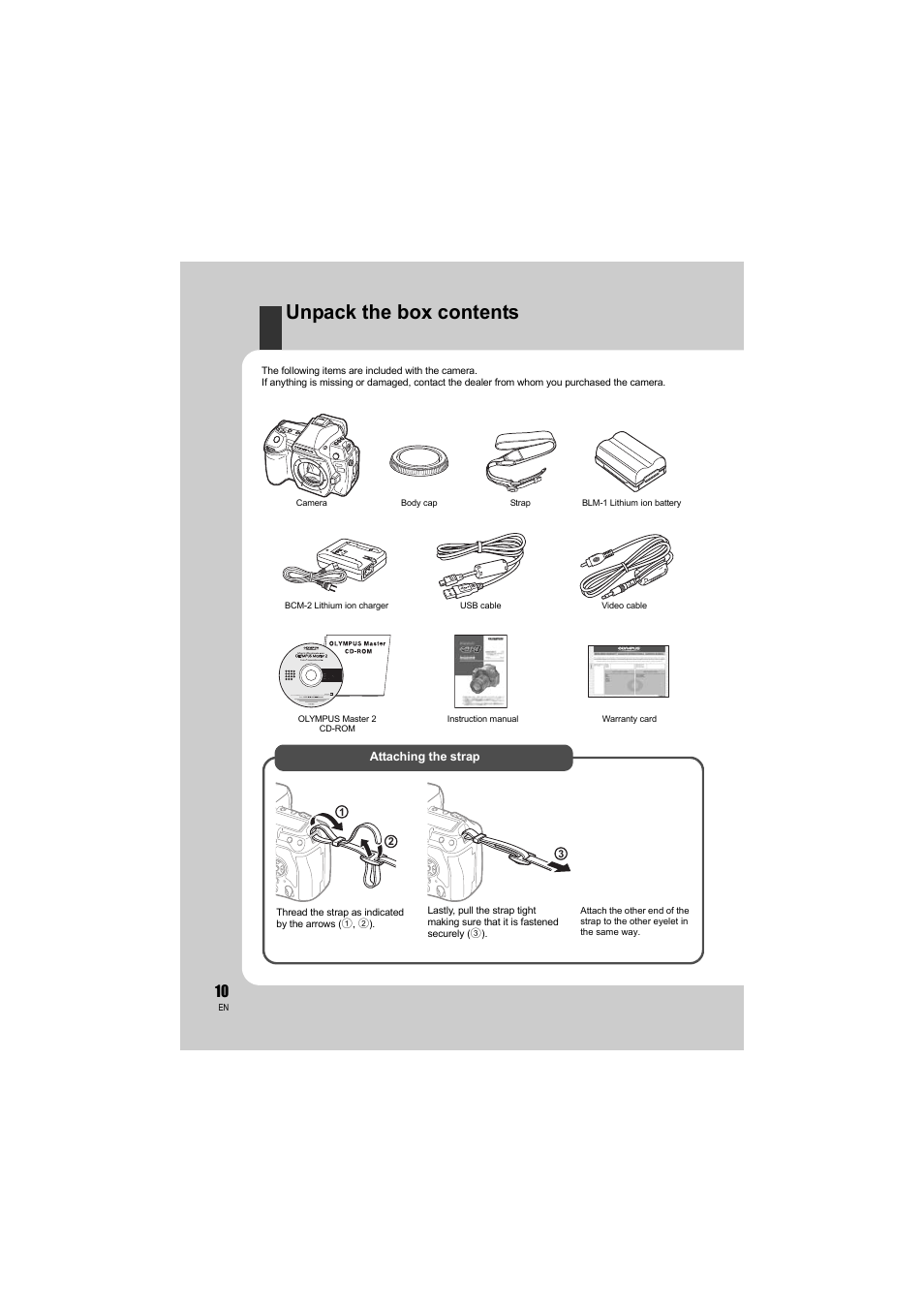 Unpack the box contents | Olympus E-3 User Manual | Page 10 / 163