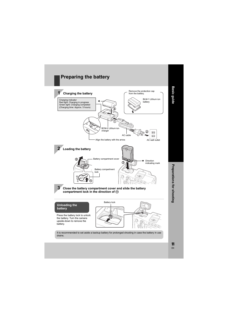 Preparing the battery | Olympus E-3 User Manual | Page 11 / 163