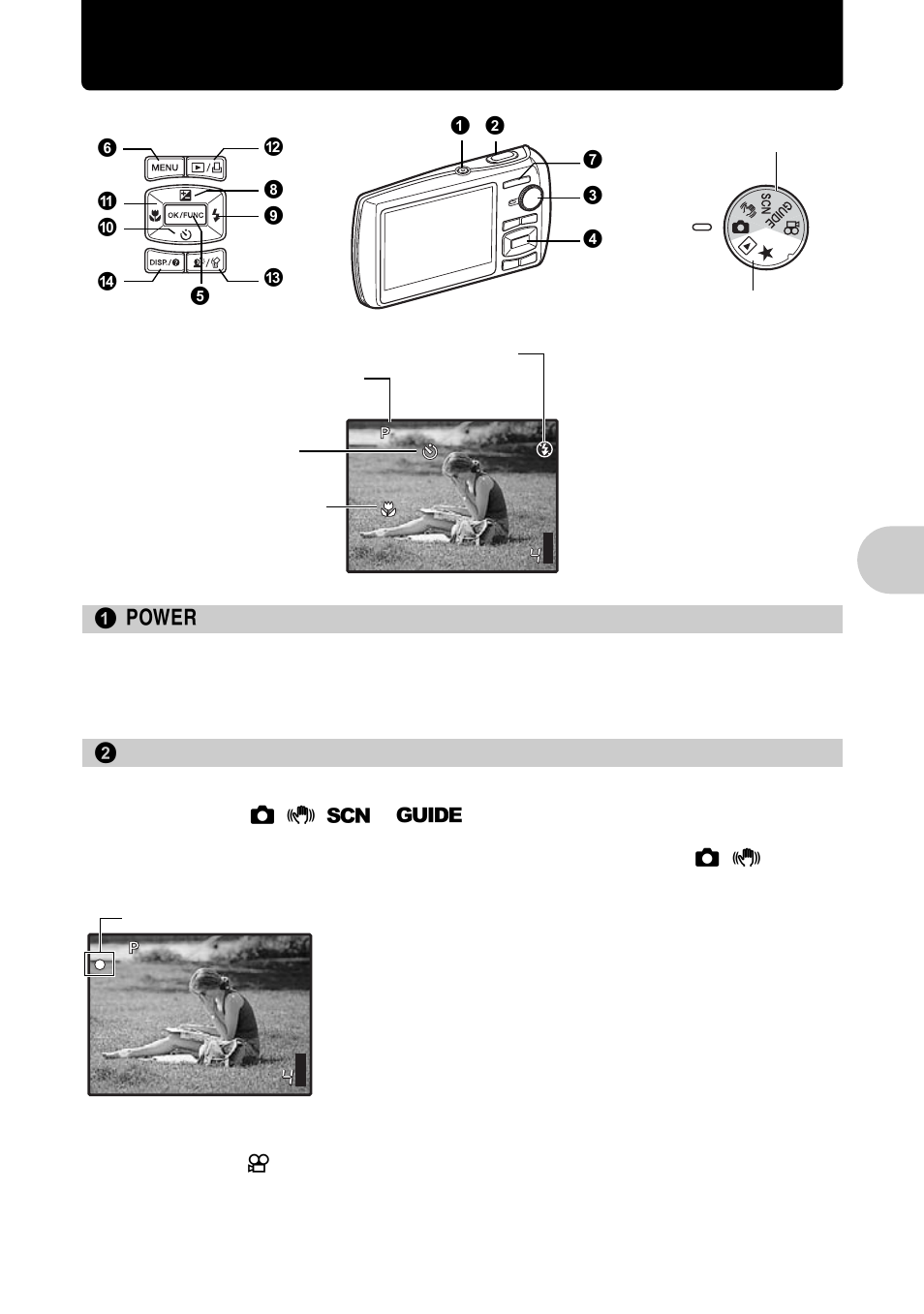 Button operations, Turning the camera on and off, Shooting pictures | P. 11, Butt on op erati on s | Olympus 1200 User Manual | Page 11 / 80