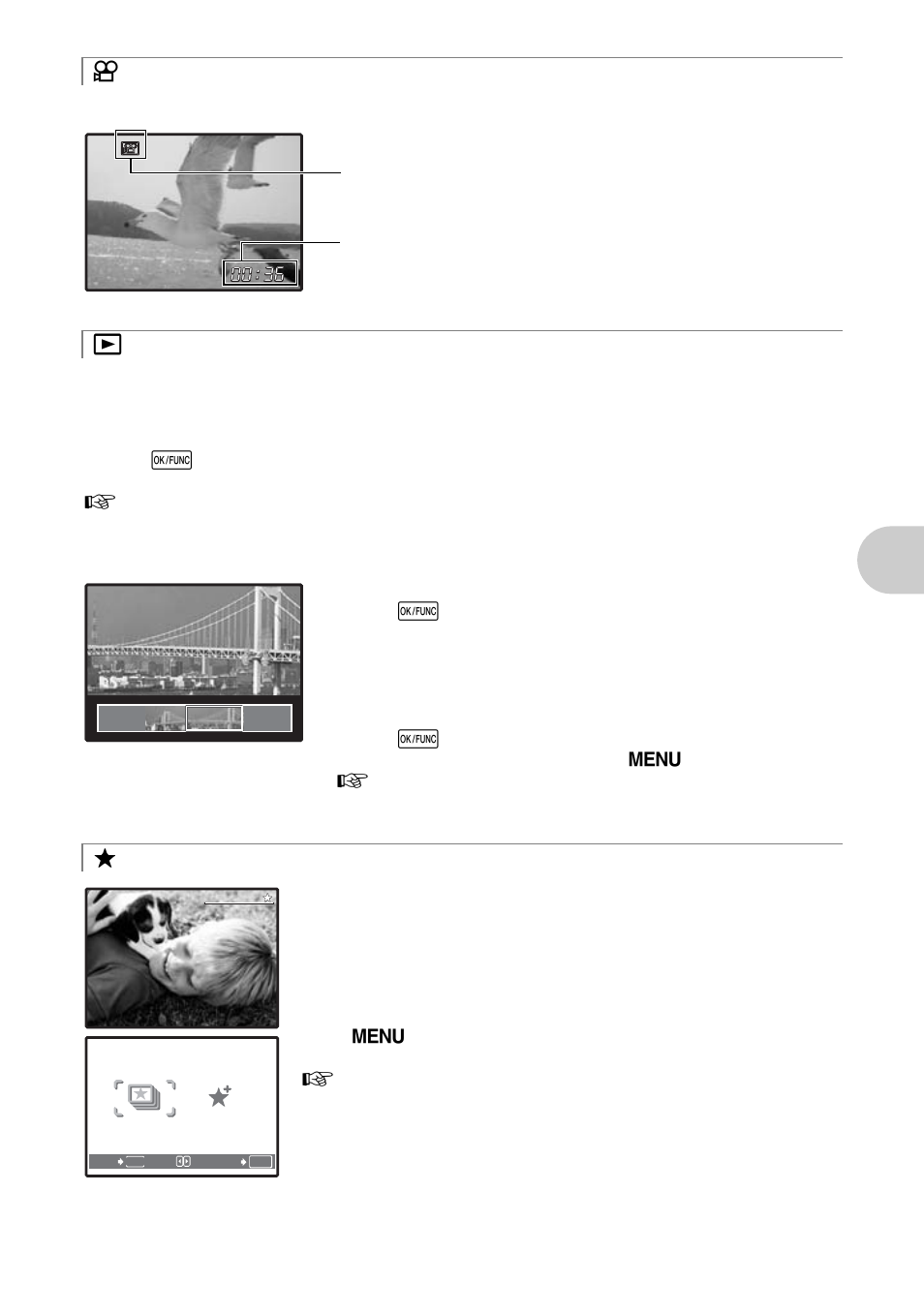Recording movies, Viewing still pictures/selecting playback mode, Viewing “my favorite | Butt on op erati on s | Olympus 1200 User Manual | Page 13 / 80