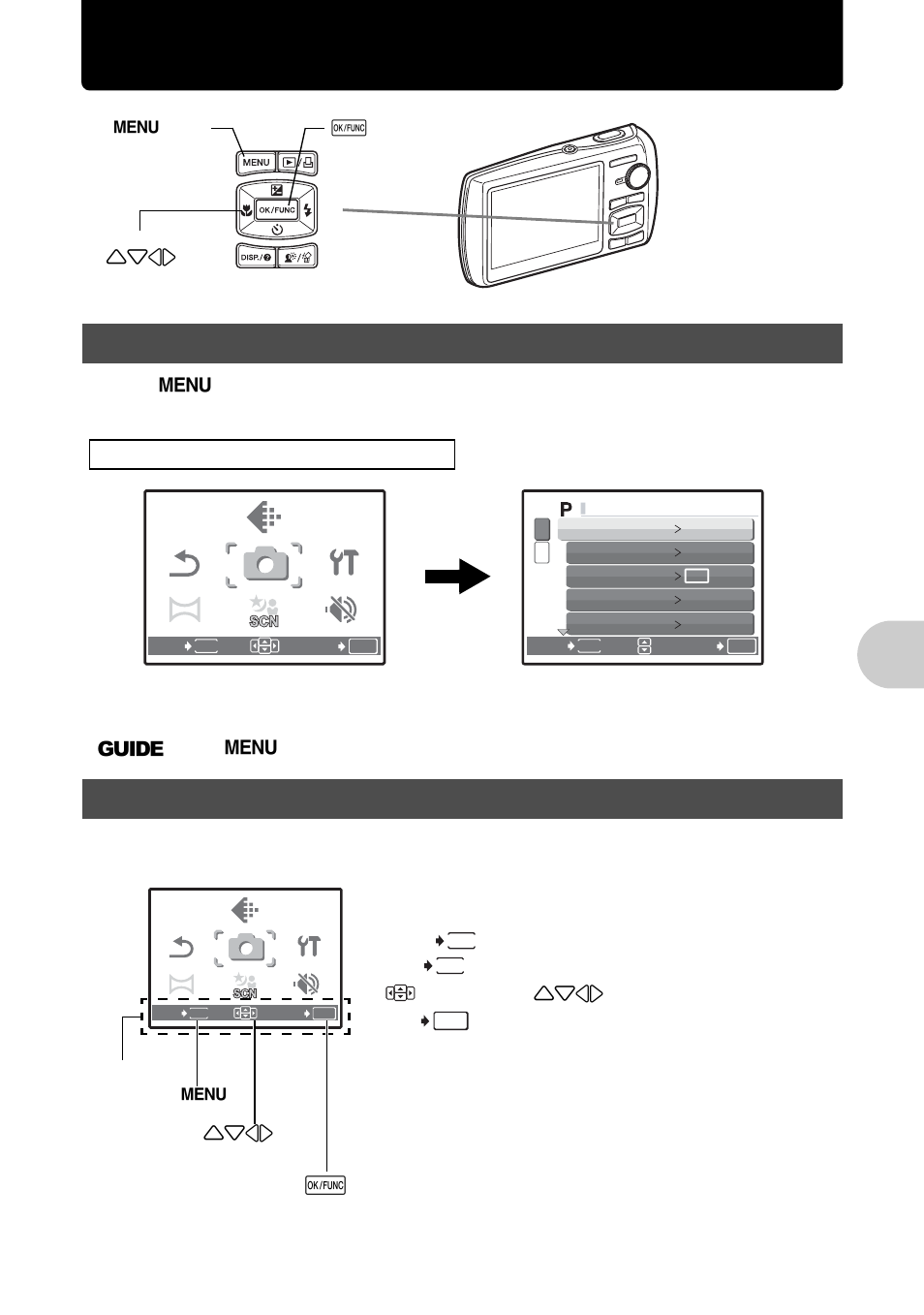 Menu operations, About the menus, Operation guide | P. 19, About the menus operation guide, Me nu opera tions | Olympus 1200 User Manual | Page 19 / 80