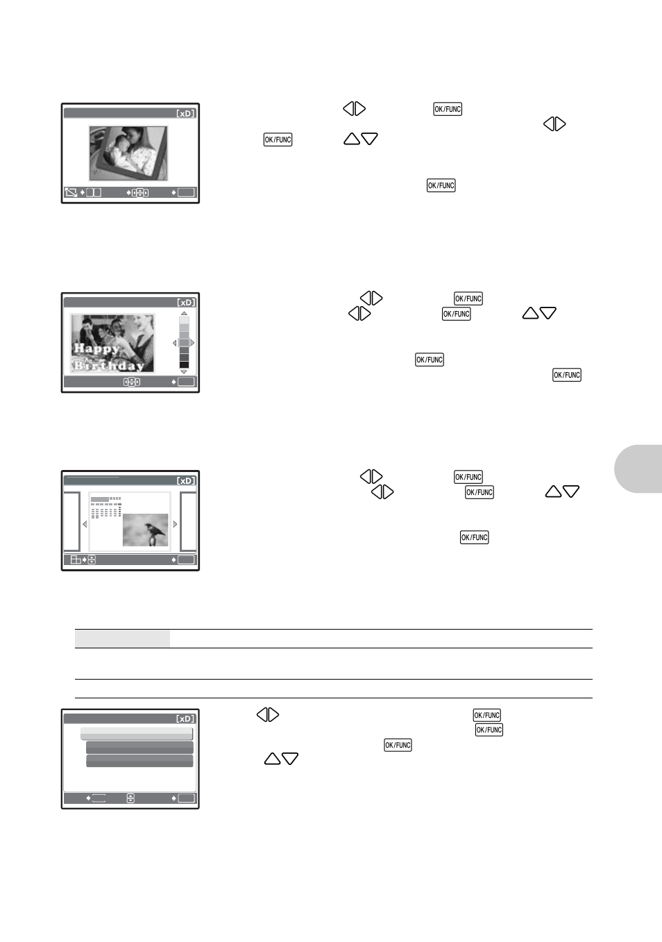 Adding frames to pictures, Add a label to your picture, Create a calendar print with a picture | Arranging and integrating multiple pictures, Me nu opera tions, Frame, Label, Calendar, Layout | Olympus 1200 User Manual | Page 31 / 80