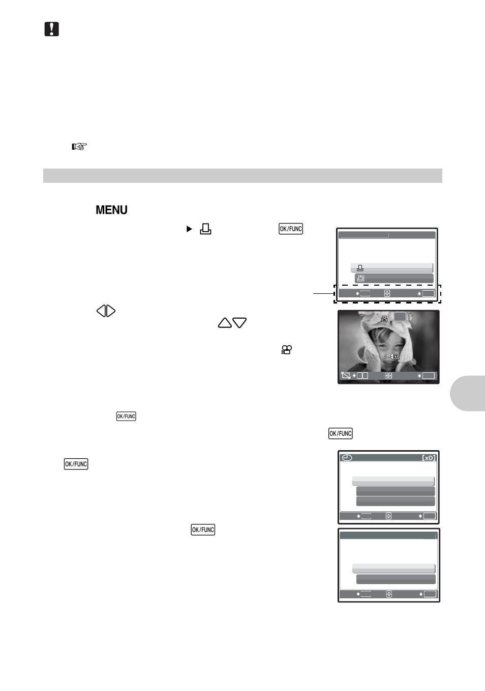 Single-frame reservation, Pri nt ing p ict ures, Select [print order] [ < ], and press e | When you finish making print reservations, press e | Olympus 1200 User Manual | Page 43 / 80