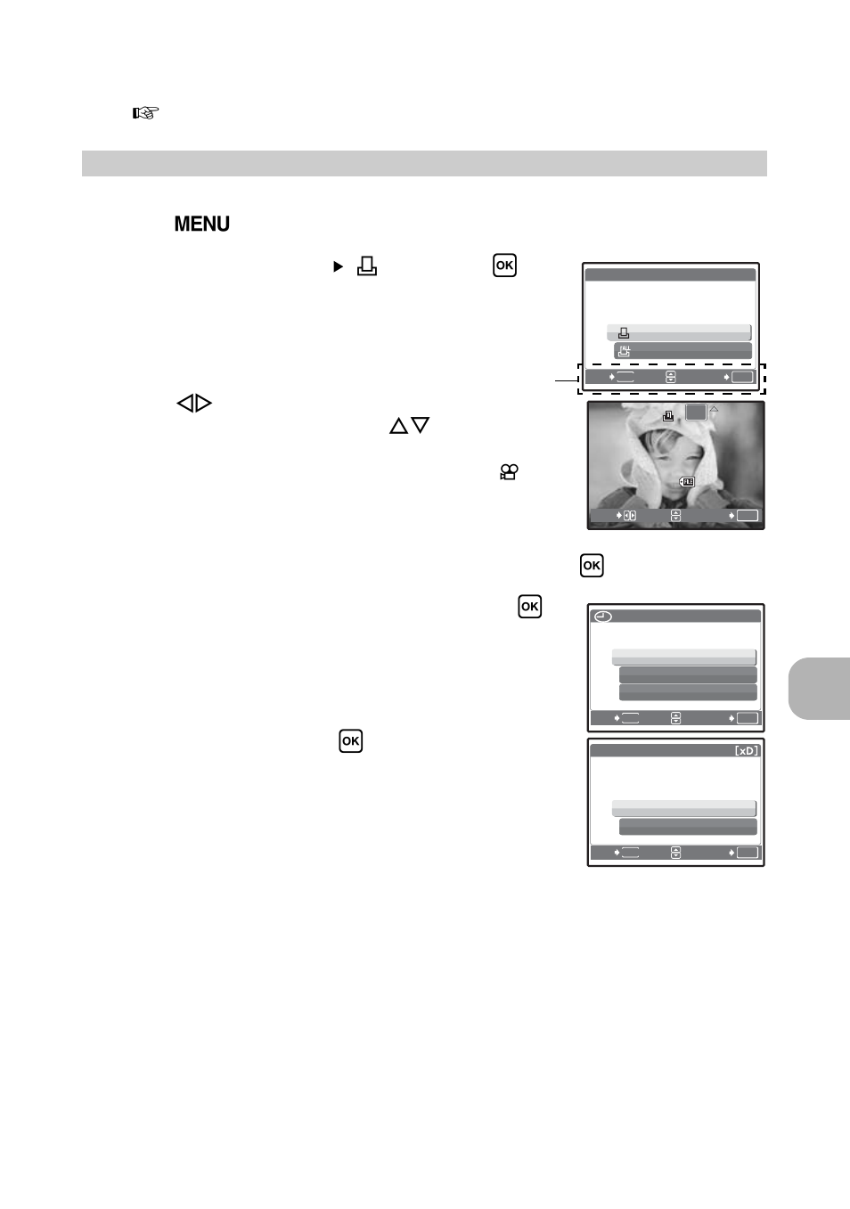 Single-frame reservation, Print ing pi ctu re s, Select [print order] [ < ], and press h | When you finish making print reservations, press h, Select the date and time setting, and press h | Olympus FE-290 User Manual | Page 31 / 64