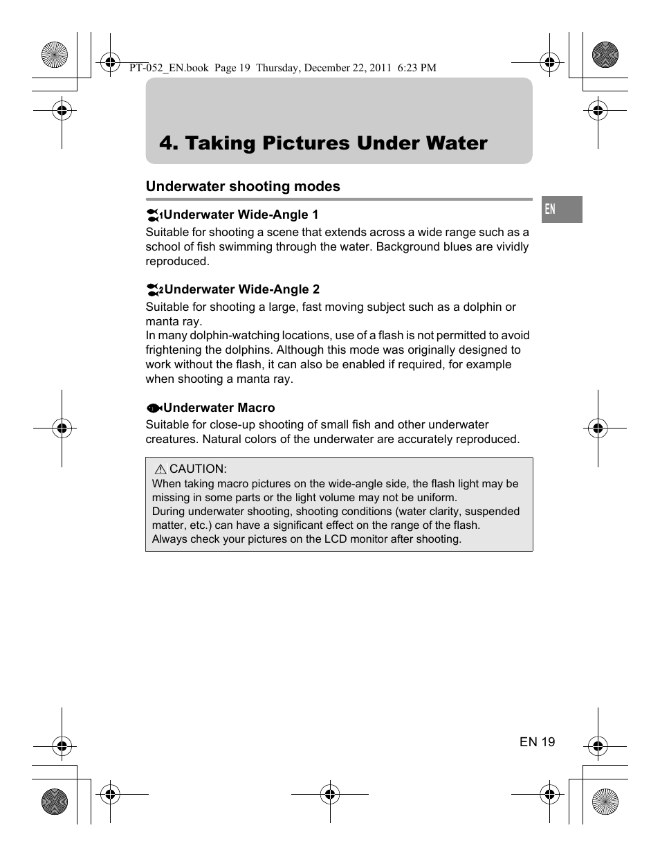 Taking pictures under water | Olympus PT-052 User Manual | Page 19 / 29