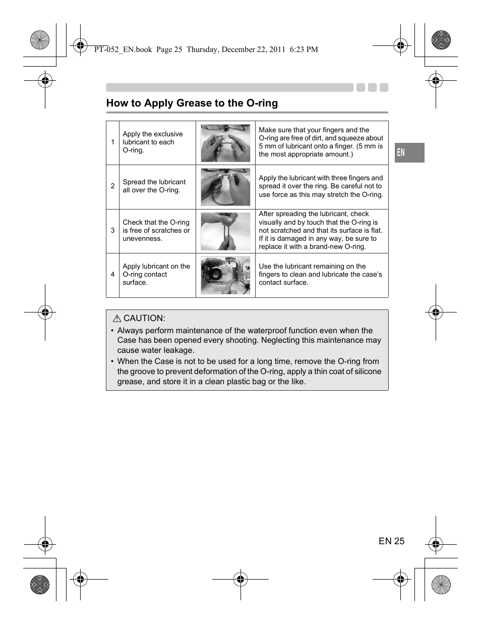 How to apply grease to the o-ring | Olympus PT-052 User Manual | Page 25 / 29