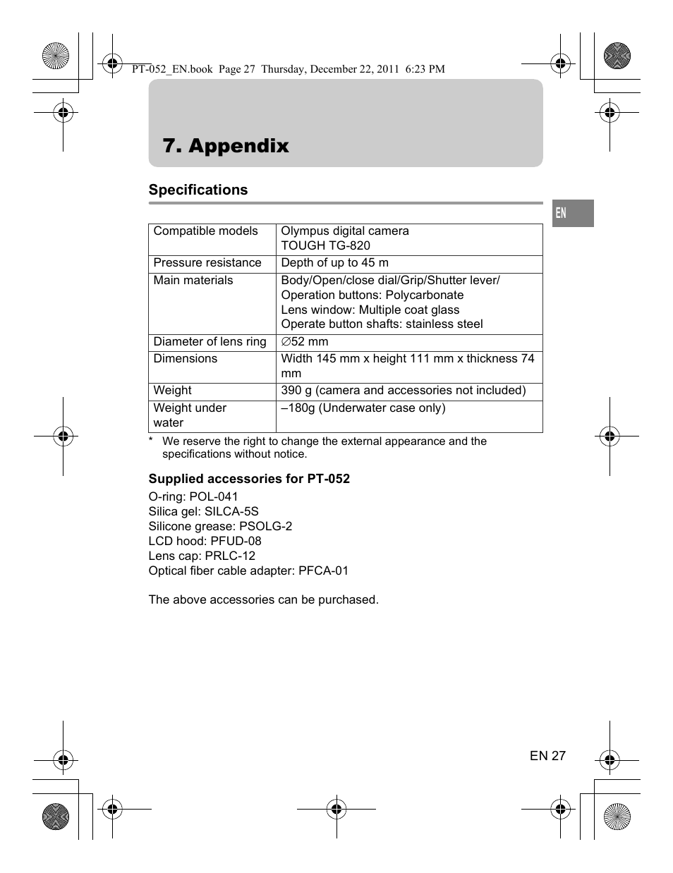 Appendix | Olympus PT-052 User Manual | Page 27 / 29