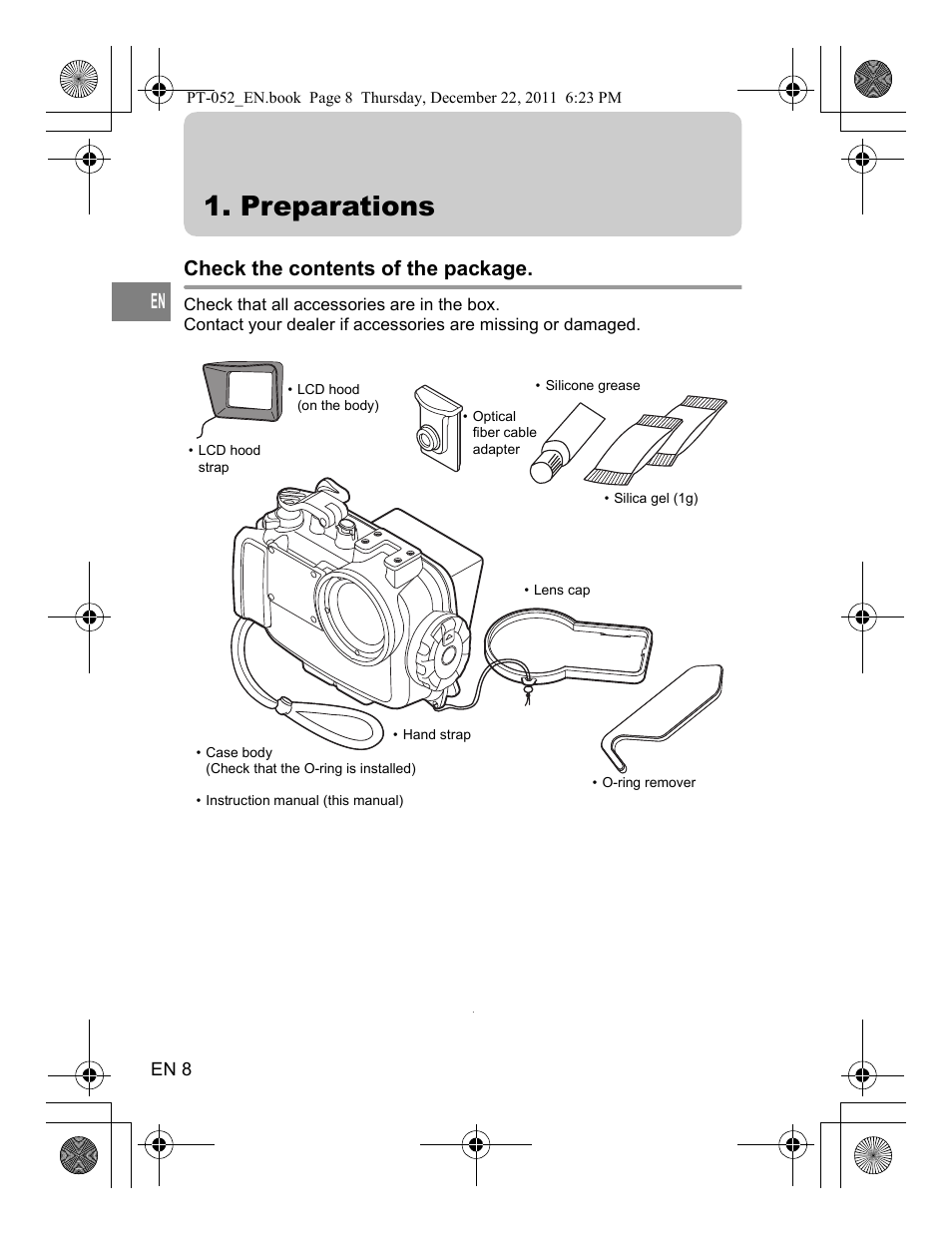 Preparations, Check the contents of the package | Olympus PT-052 User Manual | Page 8 / 29